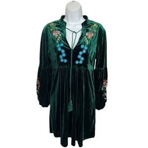 Roiii Woman Bohemian Vintage Velvet Embroidered Long Sleeve Mini Dress Size M